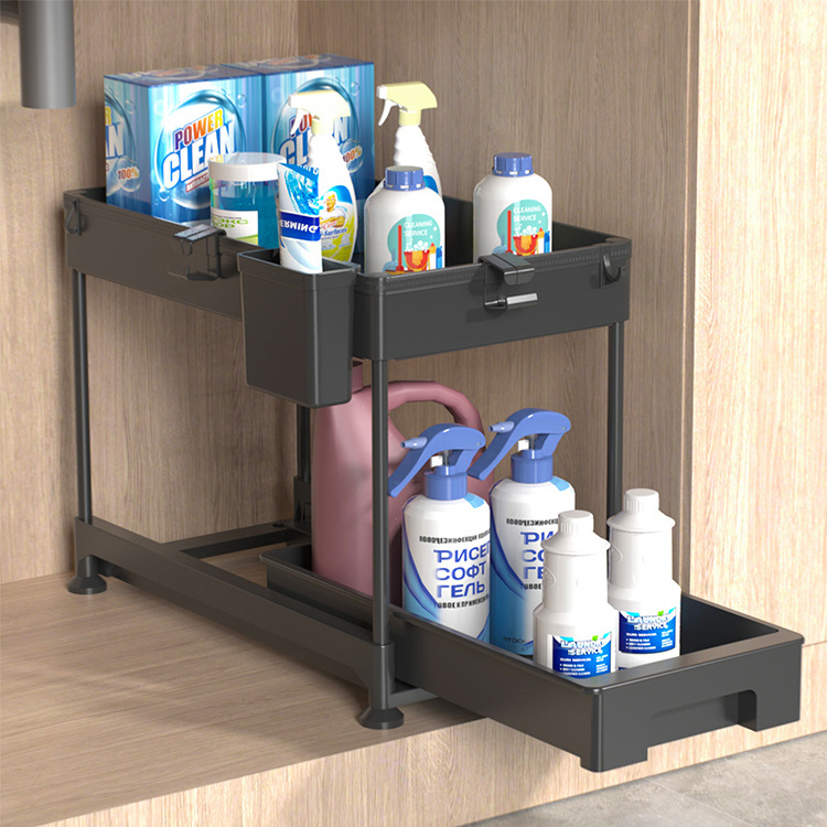 2 tier  height adjustable storage shelf rack cabinet pull out  drawer sliding organizer