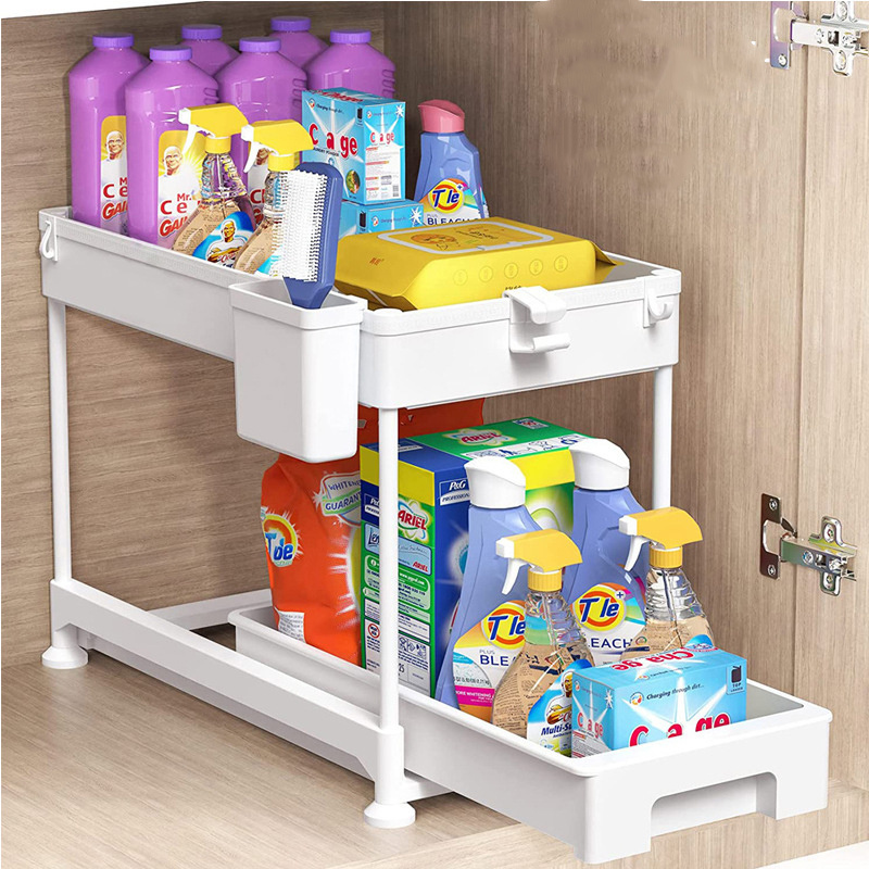 2 tier  height adjustable storage shelf rack cabinet pull out  drawer sliding organizer