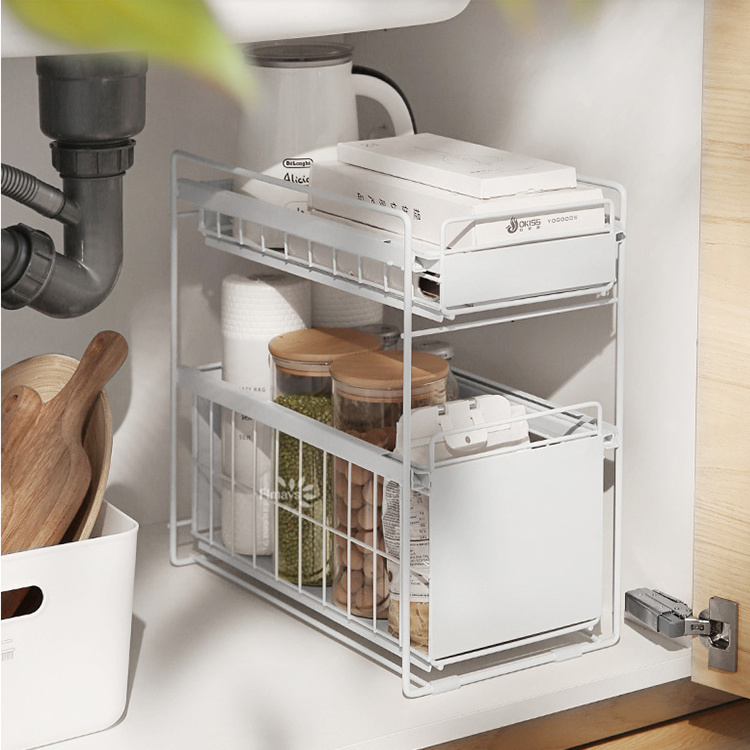 2-Tier Under Sink Sliding Cabinet Basket Organizer Pull Out Organizer for Kitchen Bathroom Cabinet-Sliding Drawer Shelf