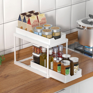 Bathroom & kitchen storage shelves under sink cabinet  drawer organizer plastic pull out sliding spice rack storage rack