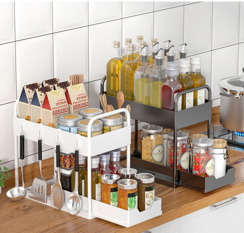 Bathroom & kitchen storage shelves under sink cabinet  drawer organizer plastic pull out sliding spice rack storage rack