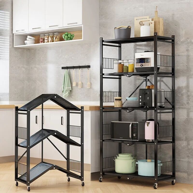 Foldable Storage Rack Iron 5 Shelf Foldable Book Stand with Wheels