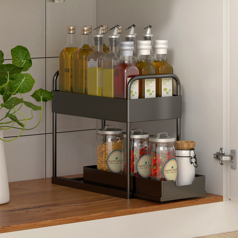 Bathroom & kitchen storage shelves under sink cabinet  drawer organizer plastic pull out sliding spice rack storage rack