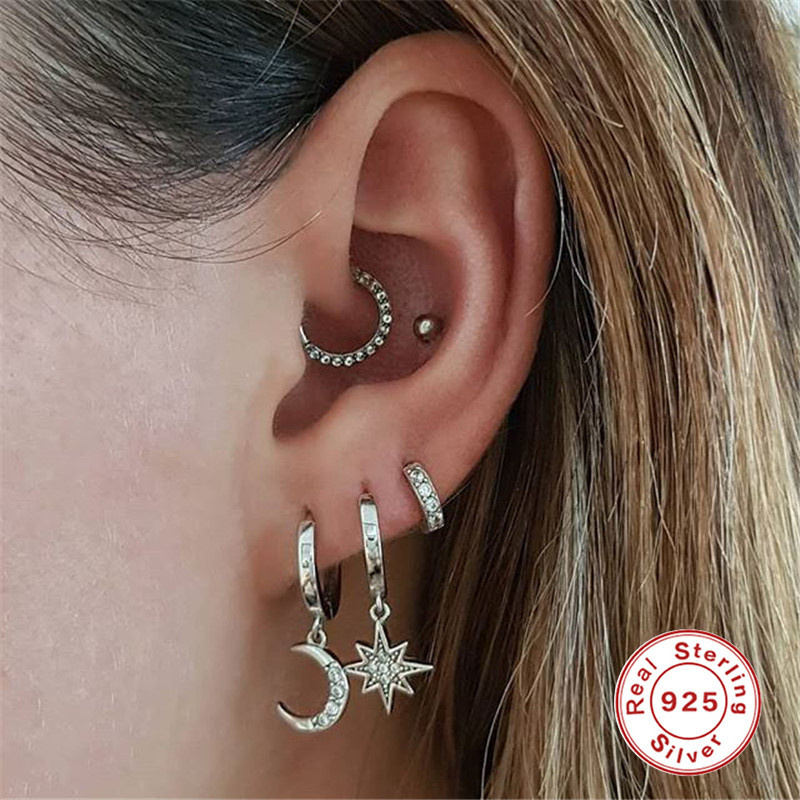 ROXI Light luxury S925 sterling silver INS star moon asymmetric ear buckle all-match earrings female