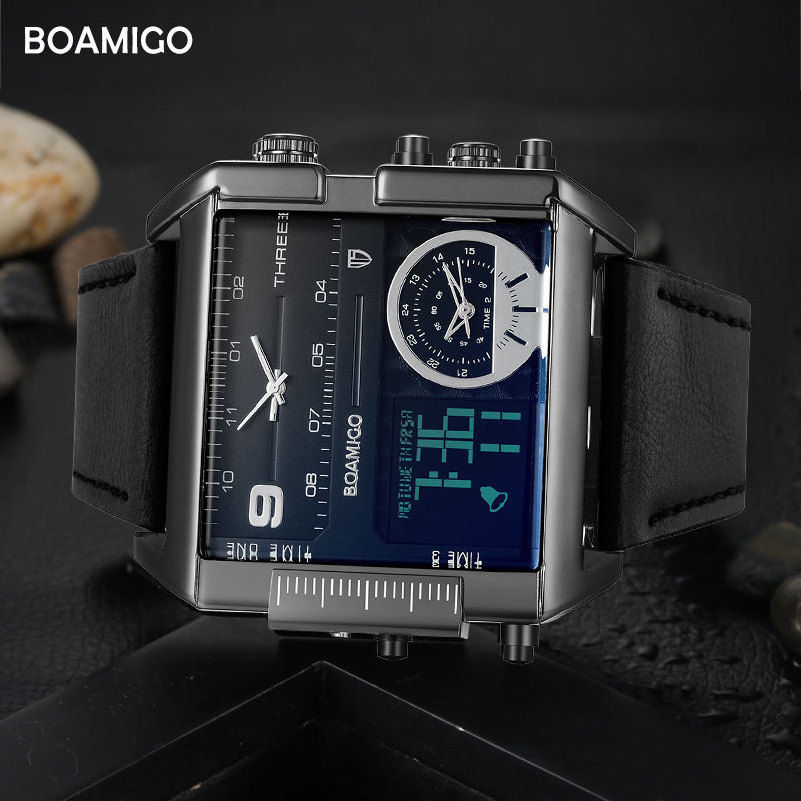 Top Sale BOAMIGO brand men sports watches 3 time zone big fashion LED watch leather quartz wristwatches custom logo