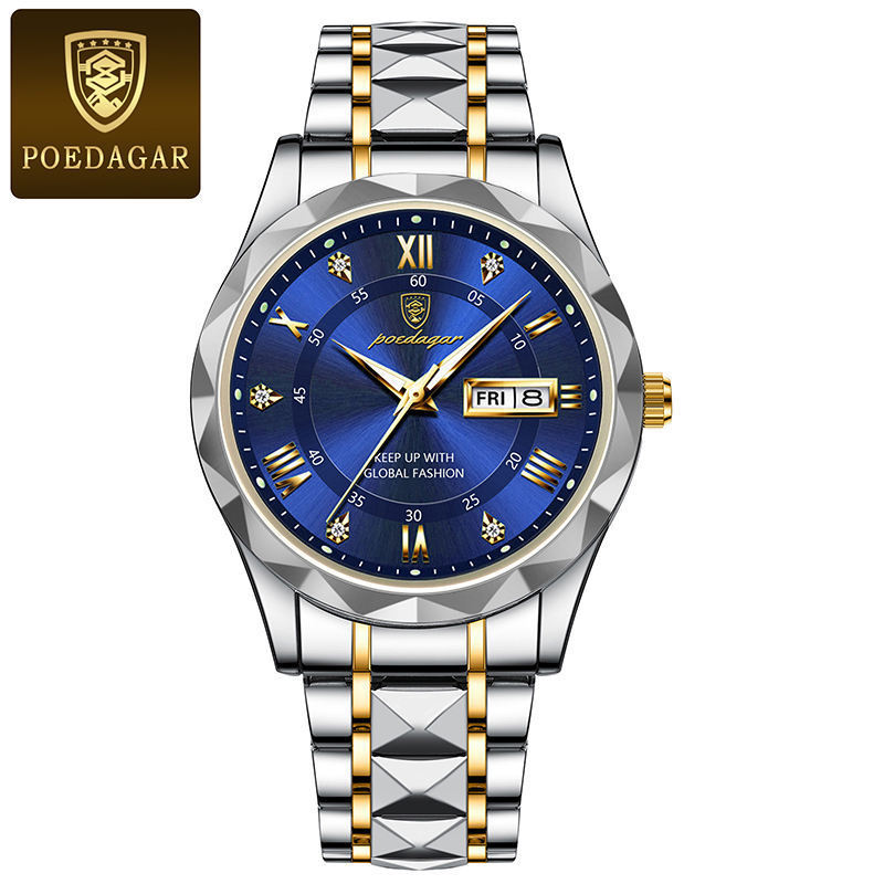 POEDAGAR 615 New Waterproof Glow Mens Watch Fashion Luxury Watch Date Week Stainless Steel Quartz Men Watches