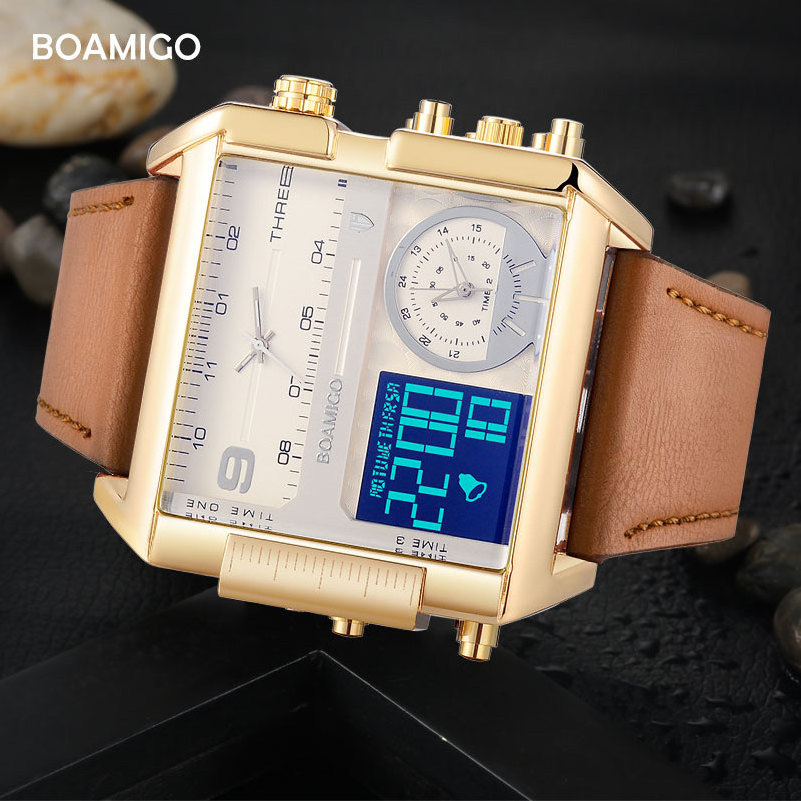 Dropshipping wholesale BOAMIGO brand men sport watches 3 time zone big man LED watch leather quartz square wristwatches