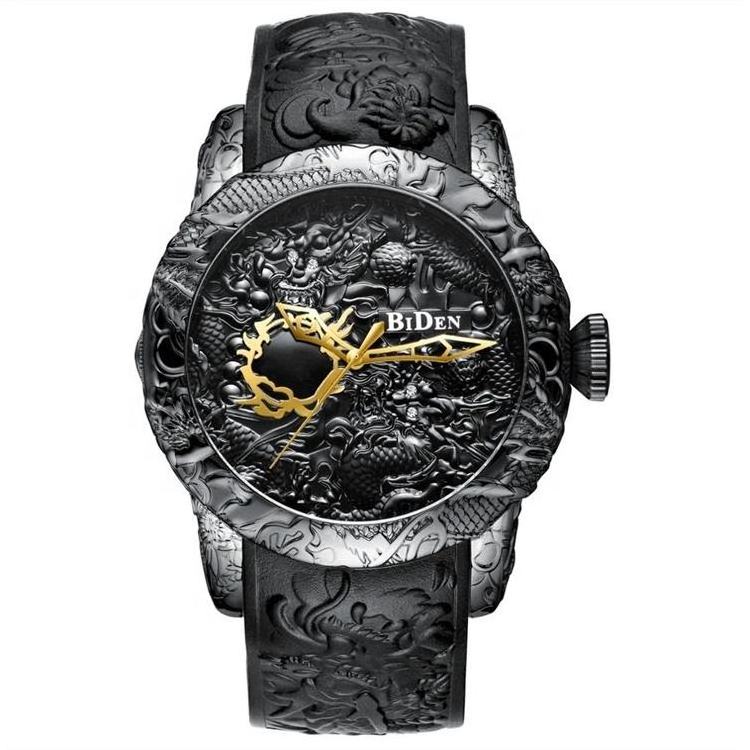 BIDEN 0129 Top Brand Quartz Watch Waterproof Sport Male Clock Black Men Watches Fashion 3D Engraved Dragon  Luxury