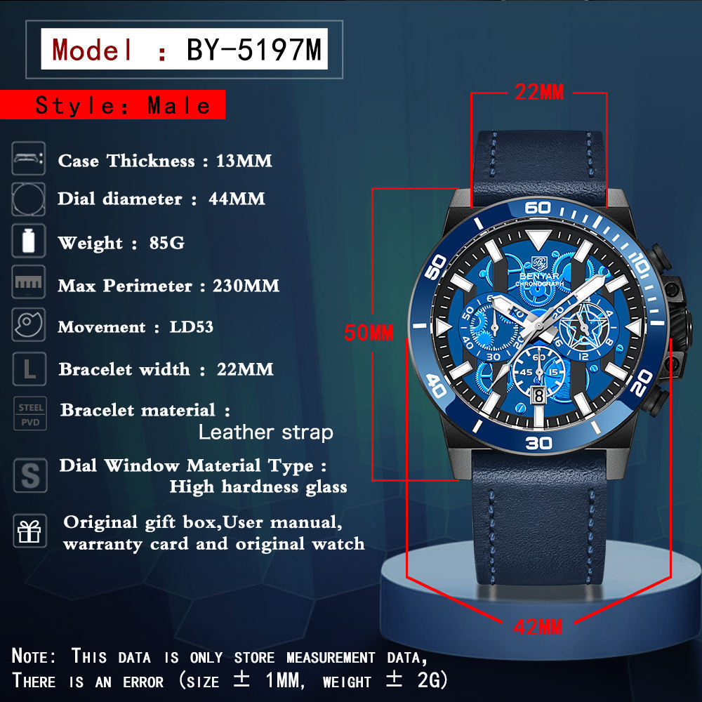 New BENYAR 5197 Stylish 5Bar Waterproof Wrist Watches Stainless Steel Quartz Watch Sapphire Glass Luxury Men Watch Reloj Hombre