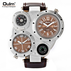 Oulm 9415 Brand Trendy Design Fashion Men  Double Time Zone WristWatch Leather Band Compass Thermometer decoration Watch