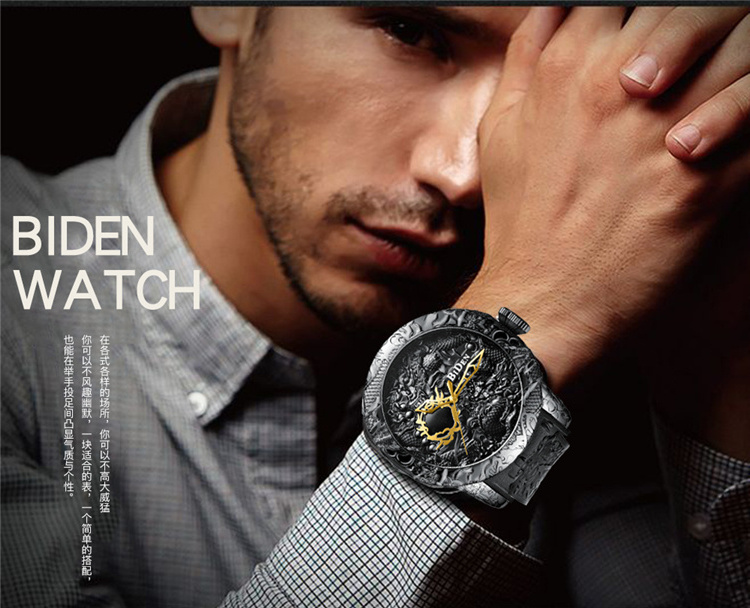 BIDEN 0129 Top Brand Quartz Watch Waterproof Sport Male Clock Black Men Watches Fashion 3D Engraved Dragon  Luxury