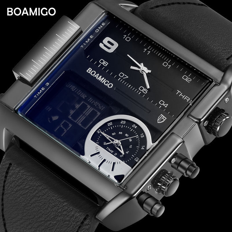 Top Sale BOAMIGO brand men sports watches 3 time zone big fashion LED watch leather quartz wristwatches custom logo