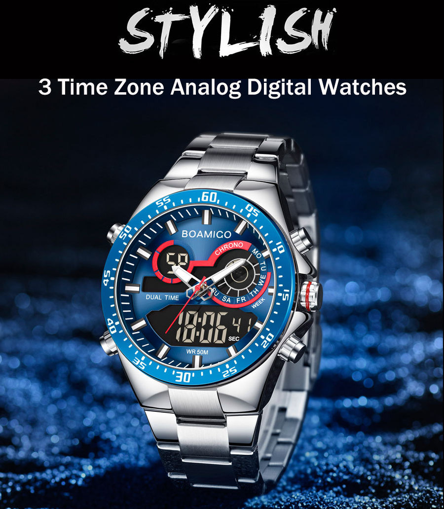 BOAMIGO F549 Men Stainless Steel Watches Digital Analog waterproof Quartz Watch dropshiping wholesale blue male watches