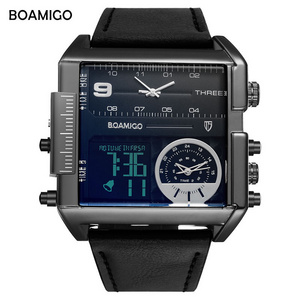 Top Sale BOAMIGO brand men sports watches 3 time zone big fashion LED watch leather quartz wristwatches custom logo