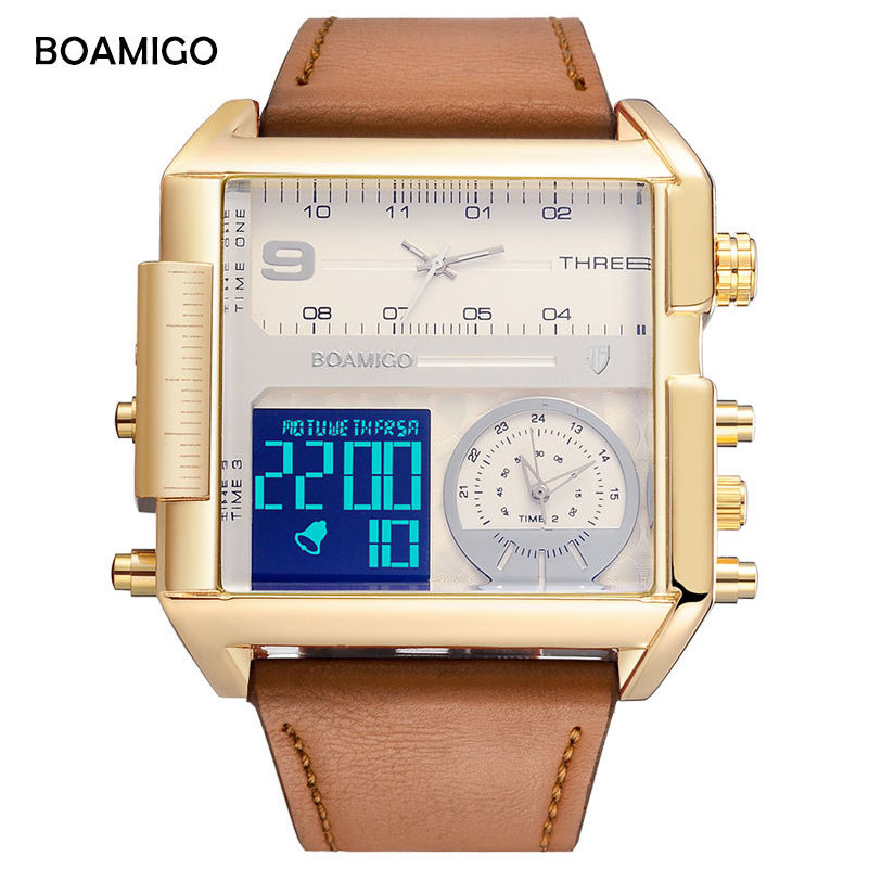 Dropshipping wholesale BOAMIGO brand men sport watches 3 time zone big man LED watch leather quartz square wristwatches