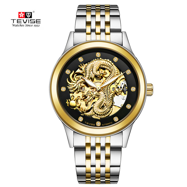 TEVISE Watch 9006 Fashion Automatic Mechanical Mens Watch Dragon Stainless Steel Waterproof Wristwatches Clock Relogio Masculino