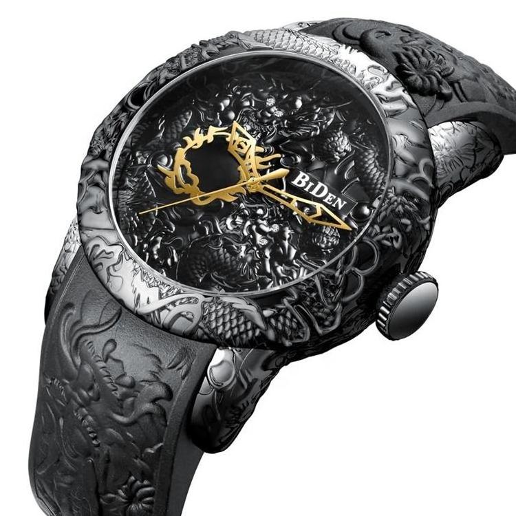 BIDEN 0129 Top Brand Quartz Watch Waterproof Sport Male Clock Black Men Watches Fashion 3D Engraved Dragon  Luxury