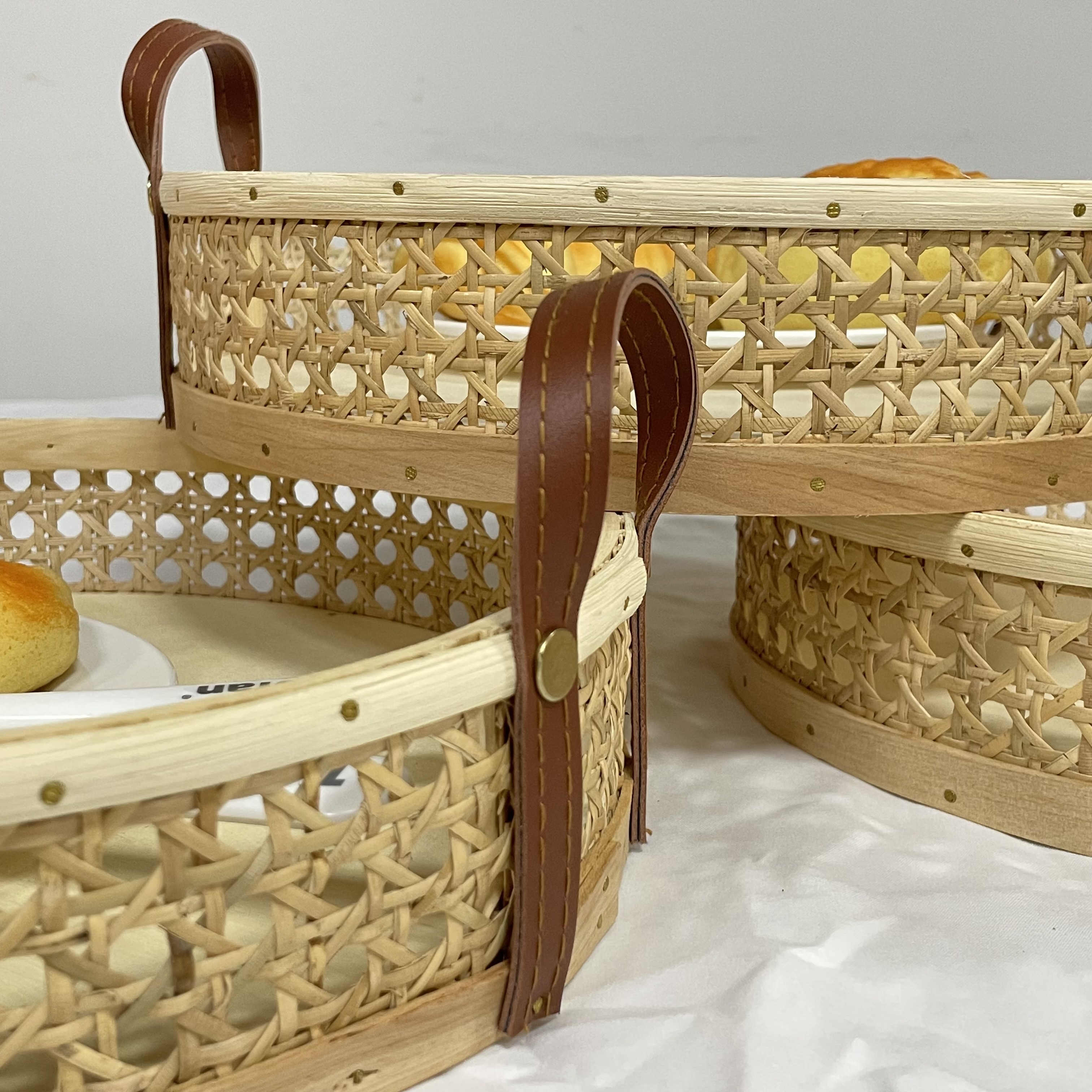 Haosen Rattan Cane Serving Tray Boho Home Decor Fruit Bread Basket Storage Picnic Basketry with Handle