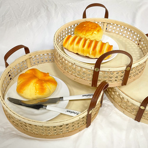 Haosen Rattan Cane Serving Tray Boho Home Decor Fruit Bread Basket Storage Picnic Basketry with Handle