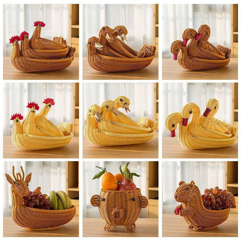 Woven Rattan Imitation Chicken Duck Animal Fruit Storage Basket Fawn Fruit Plate and Nut Snack Steamed Bread Basket