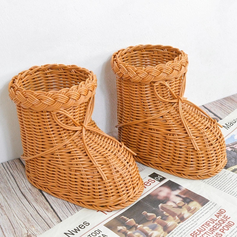 Handmade Creative Rattan Snow Boots Styling Gift Basket Christmas Woven Baskets for Unique Knitting Gifts