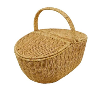 Wholesale cheap oval fruit vegetable bread wine food storage plastic rattan picnic hand woven baskets with handles