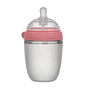 Hands Free Popular Drinking Wide Mouth Silicone Baby Squeeze Feeding Bottle With Holder