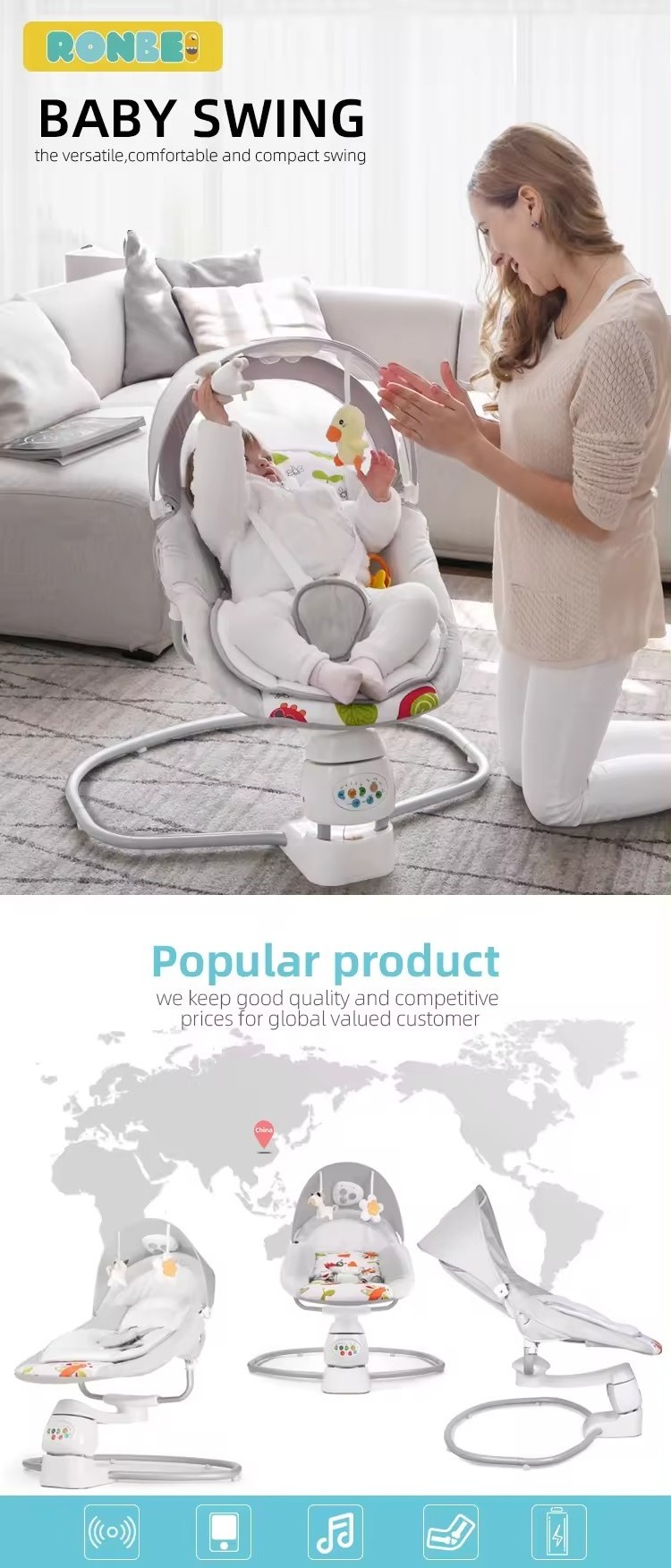 Portable newborn kids modern indoor living room automatic electric balance infant bouncer chair baby swing rocker with music