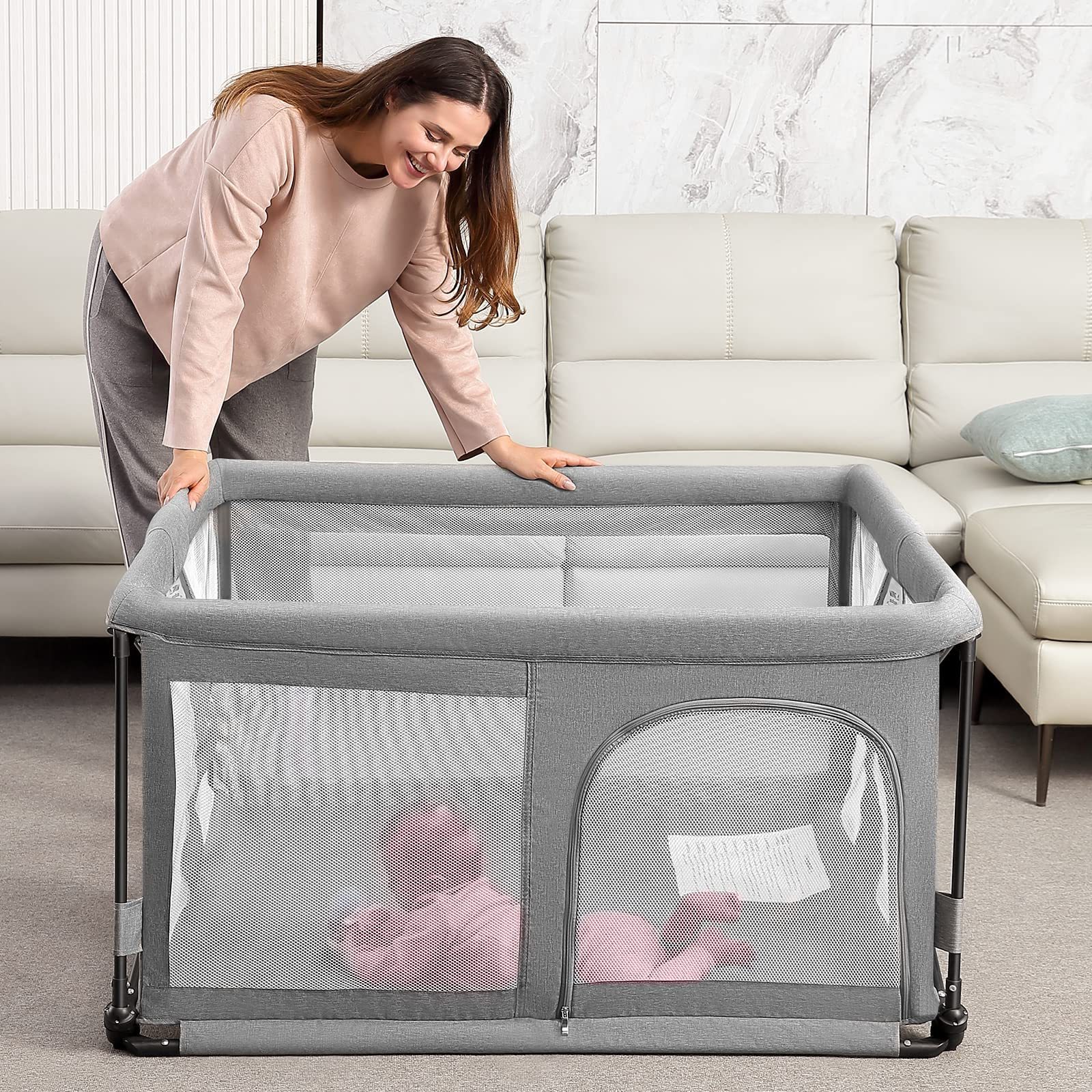 RONBEI Portable Baby Playpen, Easy to Assemble Foldable Playpen for Babies and Toddlers