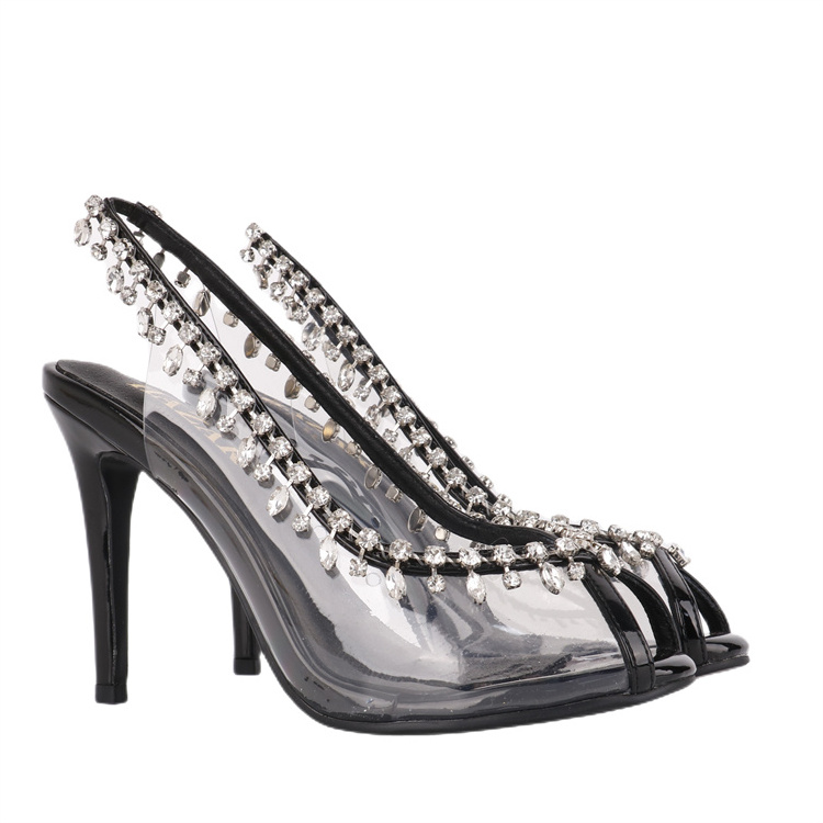 Spot Ladies Pencil Heels With Shining Crystal Chain Fish Mouth High Heels Bride Women Shoes