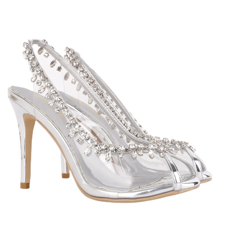 Spot Ladies Pencil Heels With Shining Crystal Chain Fish Mouth High Heels Bride Women Shoes