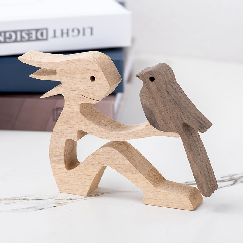 Wooden Bird Miniature Table Ornament Craft Decoration Figurine Home Decor Living Room Decorative Sculpture Wood Carving Pet Gift