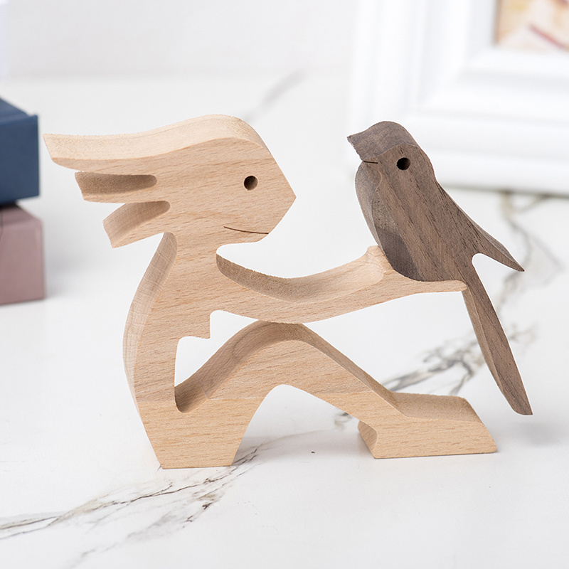 Wooden Bird Miniature Table Ornament Craft Decoration Figurine Home Decor Living Room Decorative Sculpture Wood Carving Pet Gift