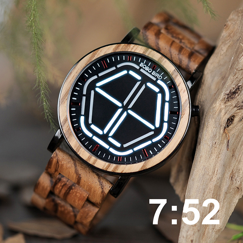 bobo bird New design led electronic wooden watch with fashion Hexagonal White light men bamboo watch