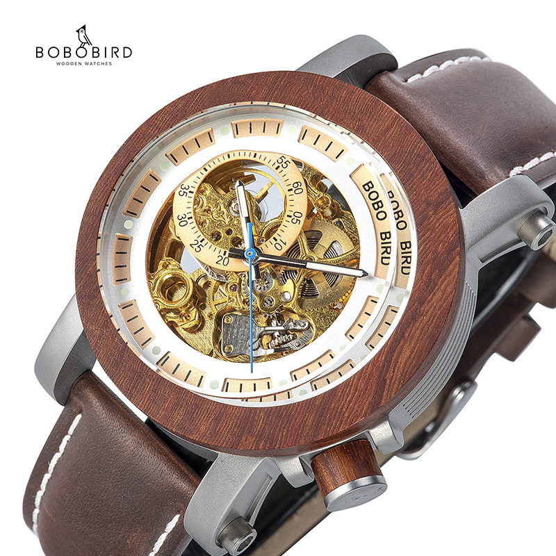 BOBO BIRD Men's Luxury Fashion Watch Automatic with Real Leather Strap Natural Wood Wristwatch Waterproof