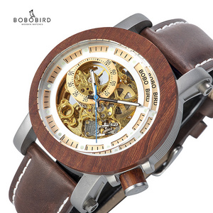 BOBO BIRD Men's Luxury Fashion Watch Automatic with Real Leather Strap Natural Wood Wristwatch Waterproof