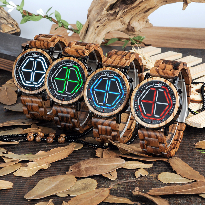 bobo bird New design led electronic wooden watch with fashion Hexagonal White light men bamboo watch