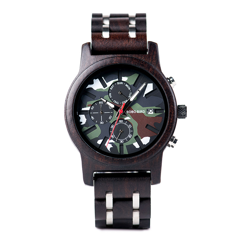 BOBO BIRD Men's Wood Chronograph Wristwatch Multi-Function Sport Fashion Watch with Quartz Movement Waterproof Stop Watch Case