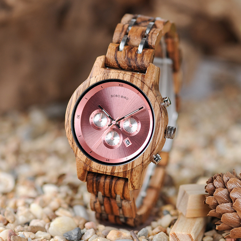 BOBO BIRD Luxury Chronograph Date Display Stainless Steel Wrist Wood Watch for Women