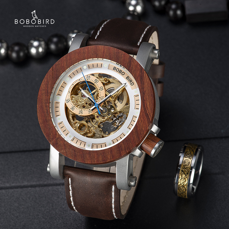 BOBO BIRD Men's Luxury Fashion Watch Automatic with Real Leather Strap Natural Wood Wristwatch Waterproof