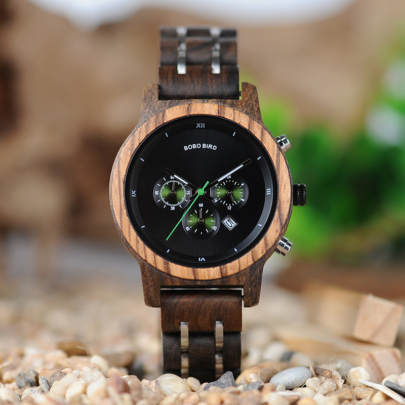 BOBO BIRD Luxury Chronograph Date Display Stainless Steel Wrist Wood Watch for Women