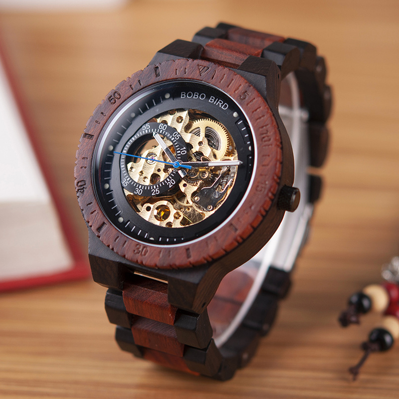 BOBO BIRD Charming Automatic Mechanical Red Sandalwood Ebony Watches R05-2