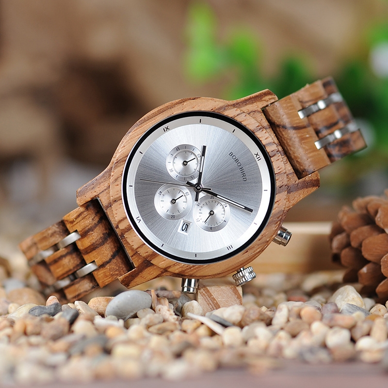 BOBO BIRD Luxury Chronograph Date Display Stainless Steel Wrist Wood Watch for Women