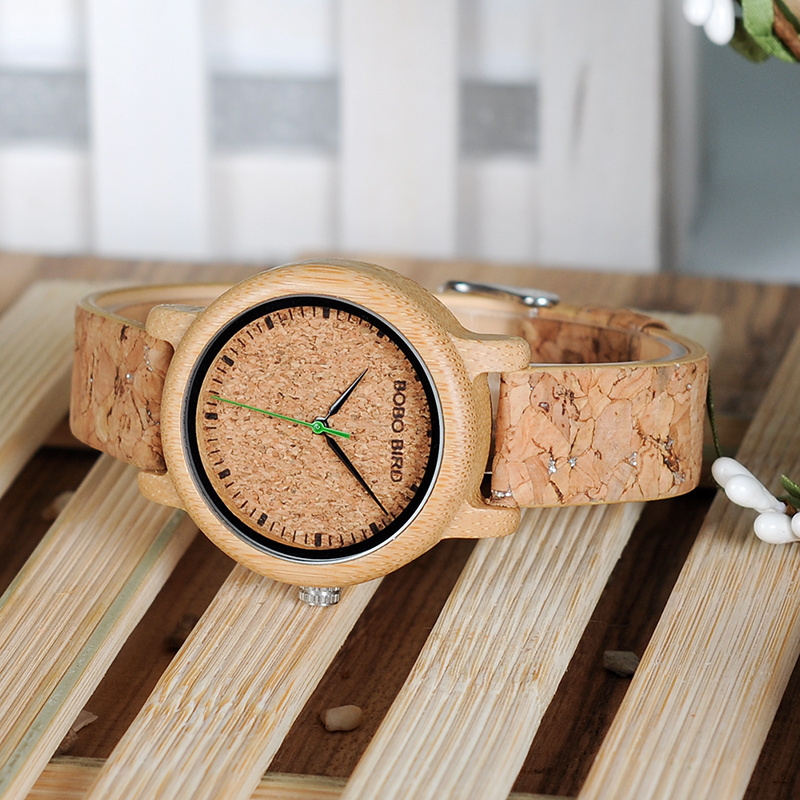 BOBO BIRD Cork Leather Strap Bamboo Wood Watch Couple Wooden Wrist Watch for Lovers