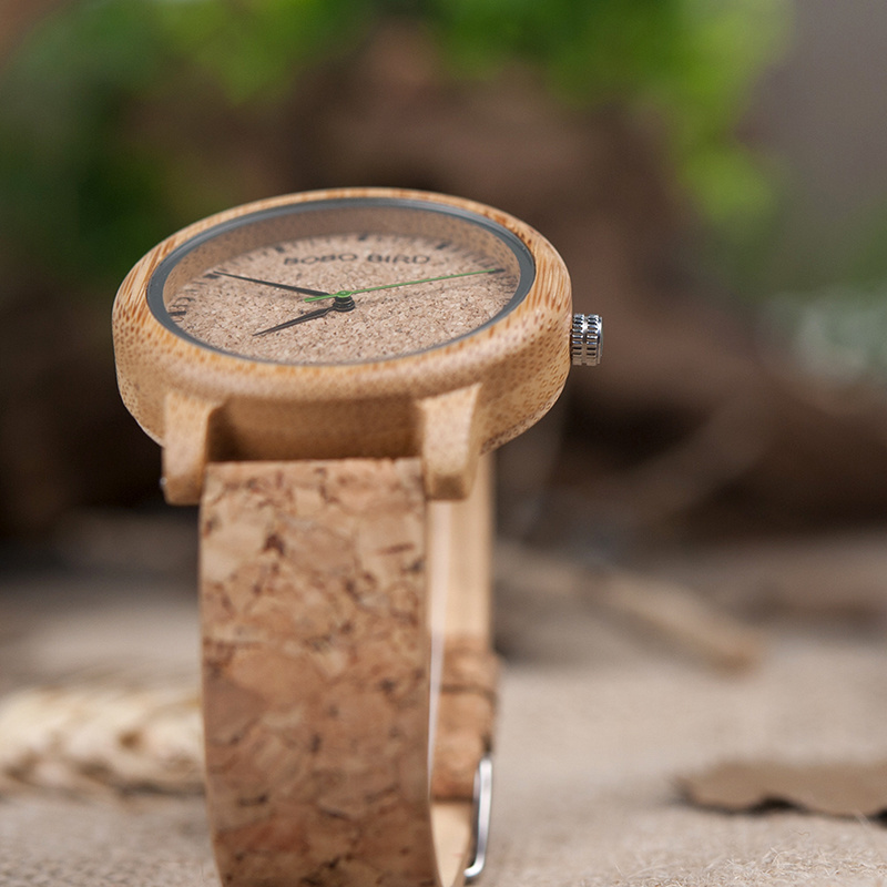 BOBO BIRD Cork Leather Strap Bamboo Wood Watch Couple Wooden Wrist Watch for Lovers