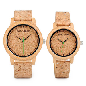 BOBO BIRD Cork Leather Strap Bamboo Wood Watch Couple Wooden Wrist Watch for Lovers