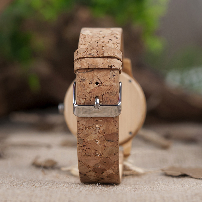 BOBO BIRD Cork Leather Strap Bamboo Wood Watch Couple Wooden Wrist Watch for Lovers