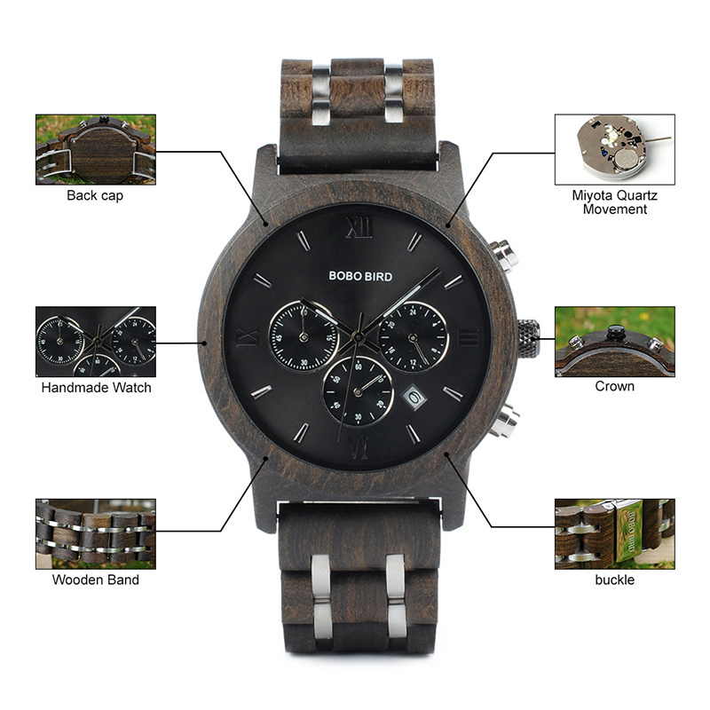 BOBO BIRD Chronograph Date Display 24 Hour System Wood Watch For Men