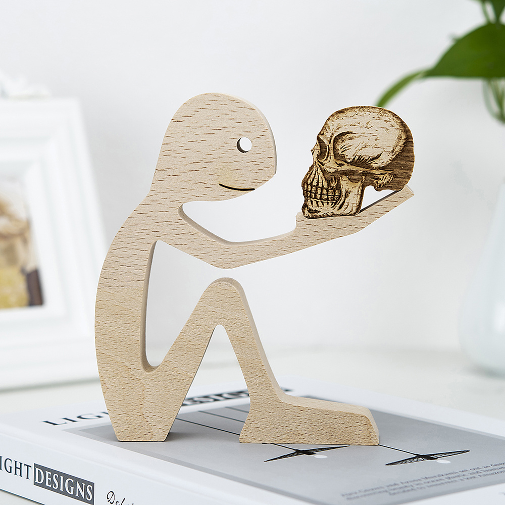 Human and skull Wooden Carved Sculpture Hand-Sanded Wooden Craft Home Desk Decorations Great Gifts For Girl Anniversary