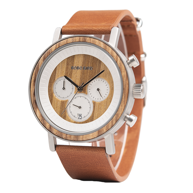 BOBO BIRD Wristwatches Chronograph Date Display Wood Watch For Men With Leather Strap